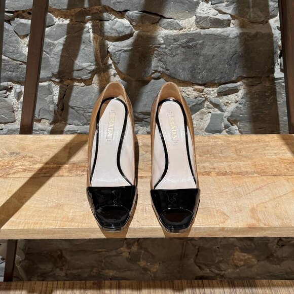 Prada Beige Black Patent Open Toe Pumps - Picture 3 of 10